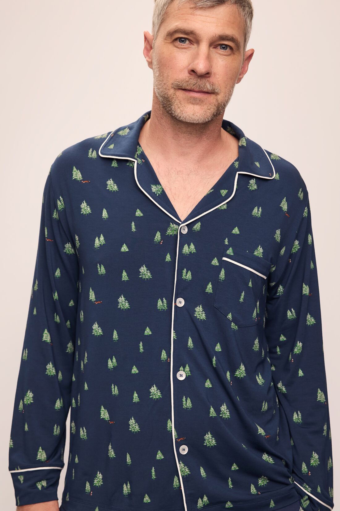 Model wears William Printed TENCELâ„¢ Modal Long PJ Set in Woodland Pine Navy/Ivory.