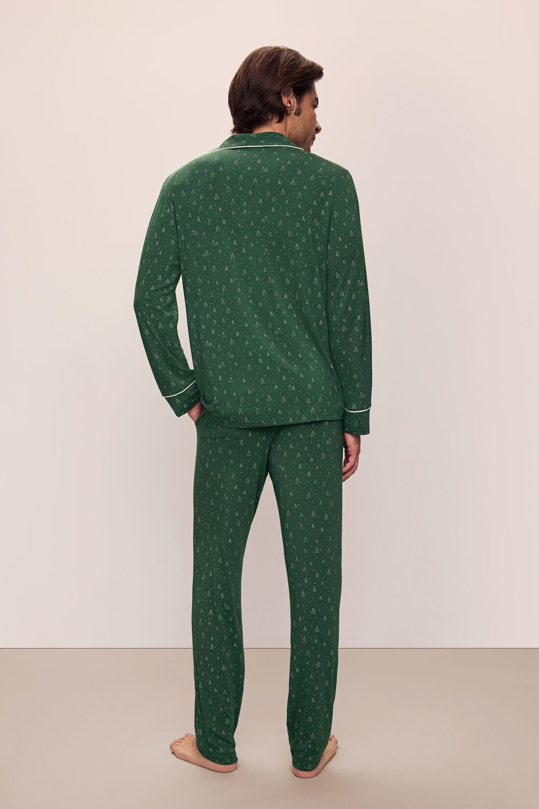 Model wears William Printed TENCELâ„¢ Modal Long PJ Set in Winterpine Forest Green/Ivory.