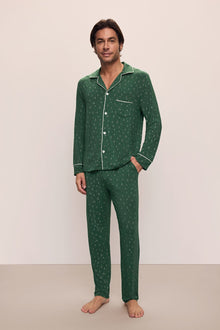 Model wears William Printed TENCELâ„¢ Modal Long PJ Set in Winterpine Forest Green/Ivory.