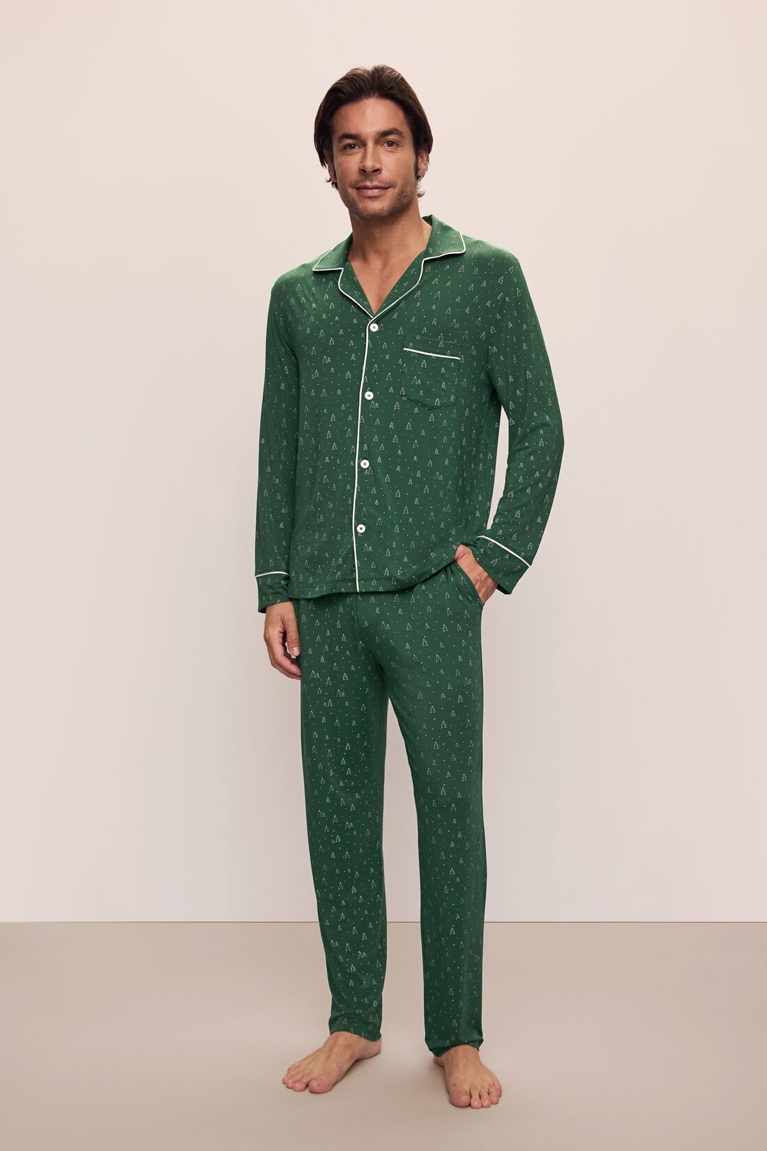 Model wears William Printed TENCELâ„¢ Modal Long PJ Set in Winterpine Forest Green/Ivory.