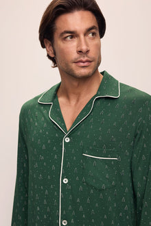 Model wears William Printed TENCELâ„¢ Modal Long PJ Set in Winterpine Forest Green/Ivory.