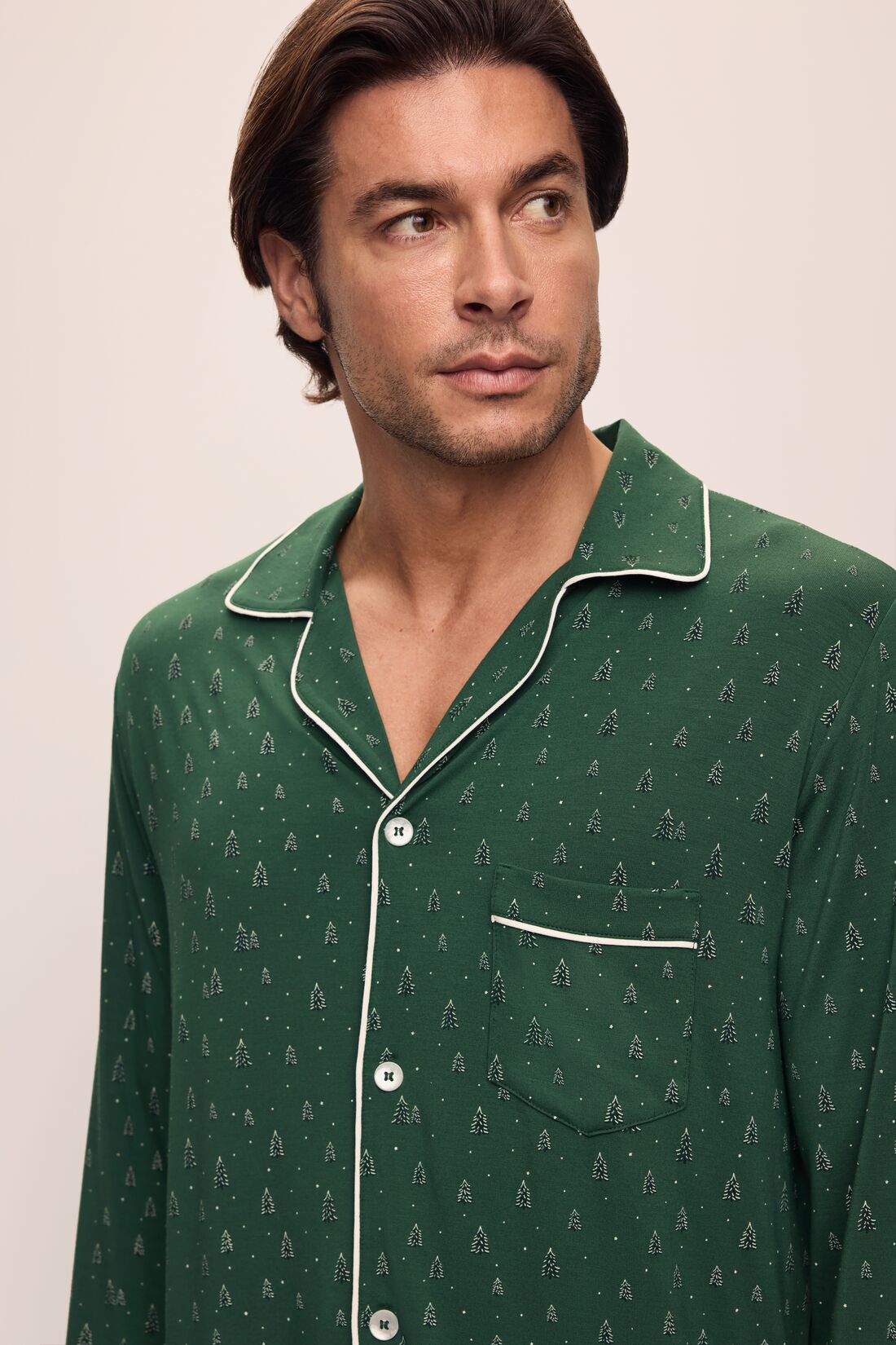 Model wears William Printed TENCELâ„¢ Modal Long PJ Set in Winterpine Forest Green/Ivory.