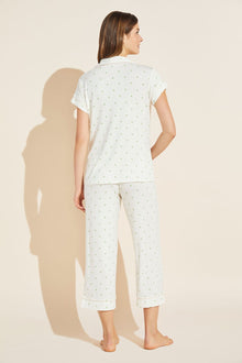 Model wears Gisele Printed TENCEL™ Modal Short Sleeve Cropped PJ Set in palm/Bellini print. 