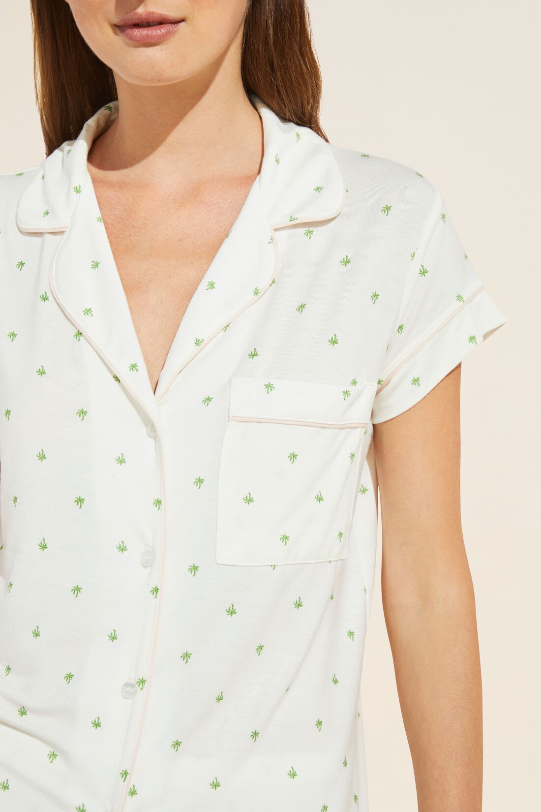 Model wears Gisele Printed TENCEL™ Modal Short Sleeve Cropped PJ Set in palm/Bellini print. 