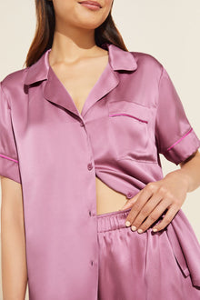 Model wears Inez Washable Silk Short PJ Set in foxglove.