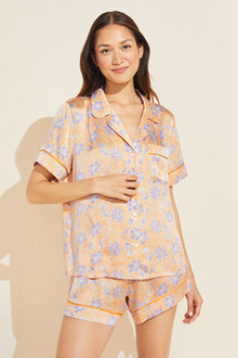 Model wears Inez Washable Silk Printed Short PJ Set in blossom print.