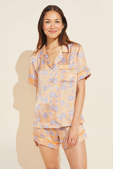 Model wears Inez Washable Silk Printed Short PJ Set in blossom print.