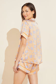 Model wears Inez Washable Silk Printed Short PJ Set in blossom print.