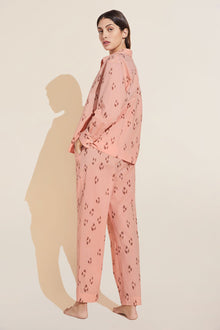 Model wears Organic Sandwashed Cotton Printed Long PJ Set in Animal Spot Rose Cloud.