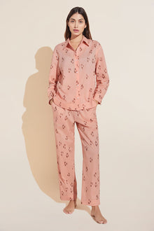 Model wears Organic Sandwashed Cotton Printed Long PJ Set in Animal Spot Rose Cloud.