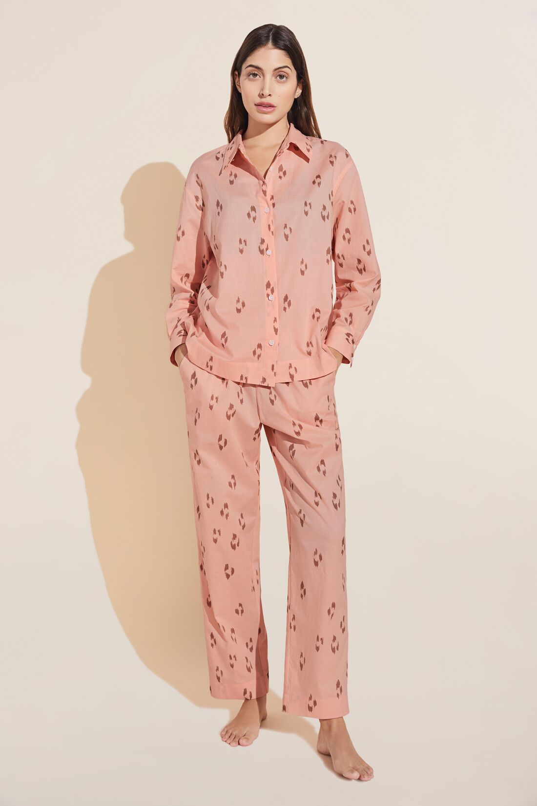 Model wears Organic Sandwashed Cotton Printed Long PJ Set in Animal Spot Rose Cloud.