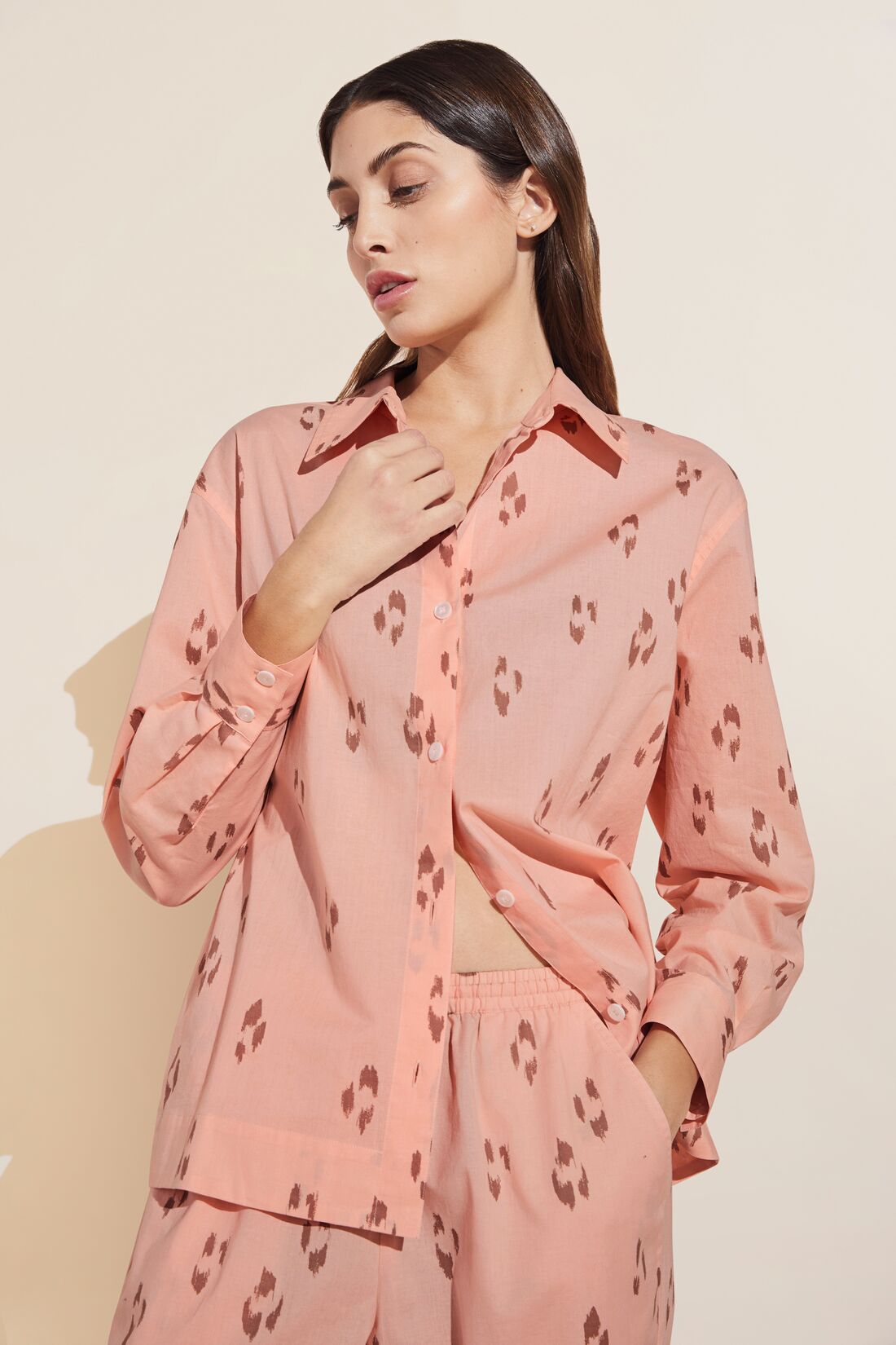 Model wears Organic Sandwashed Cotton Printed Long PJ Set in Animal Spot Rose Cloud.