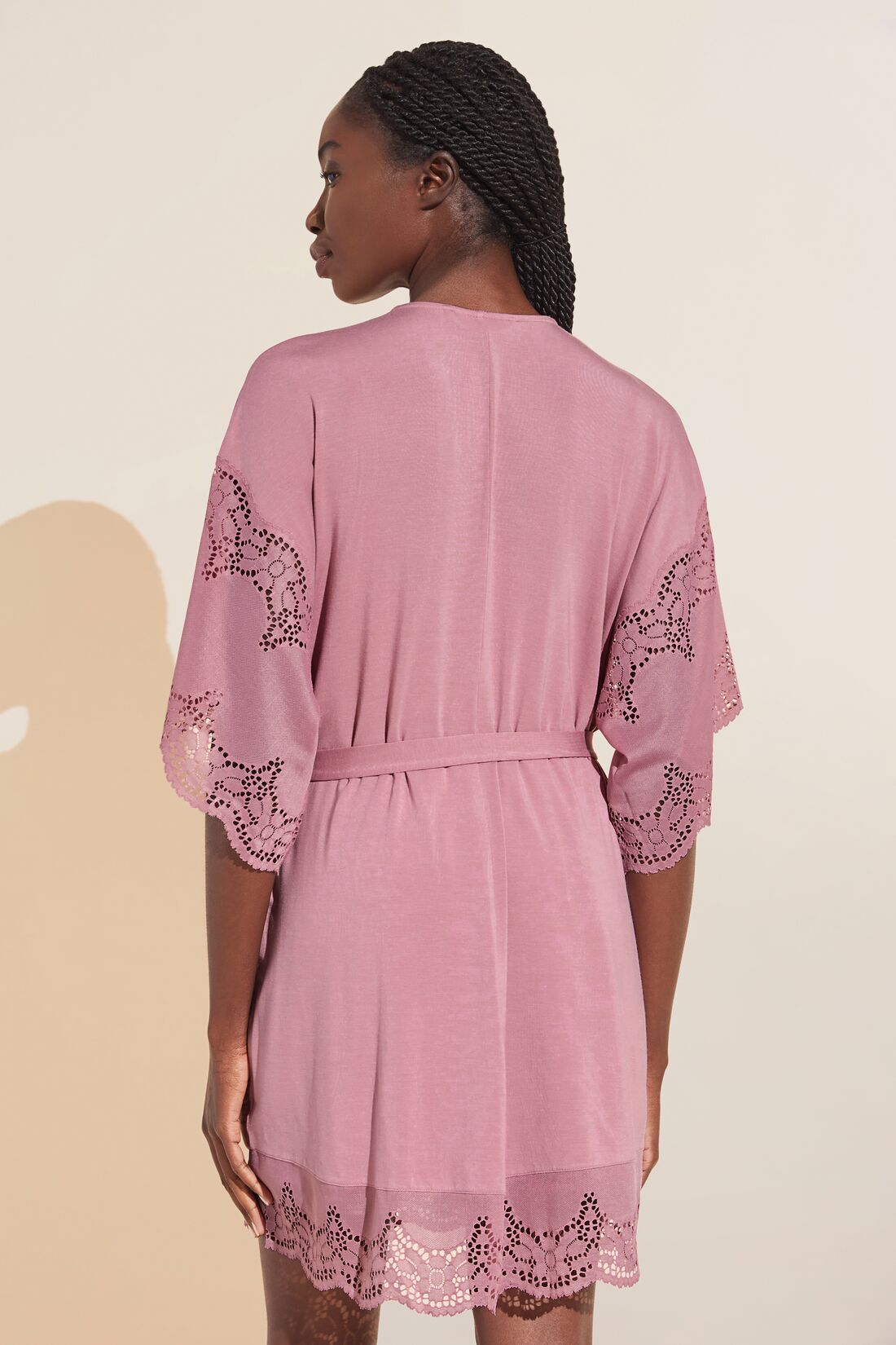 Model wears Beatrix TENCEL™ Modal Robe in foxglove.