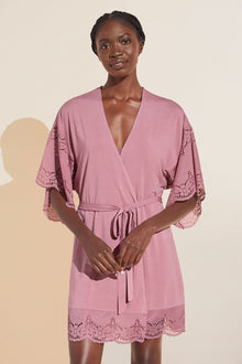 Model wears Beatrix TENCEL™ Modal Robe in foxglove.