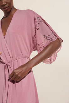 Model wears Beatrix TENCEL™ Modal Robe in foxglove.