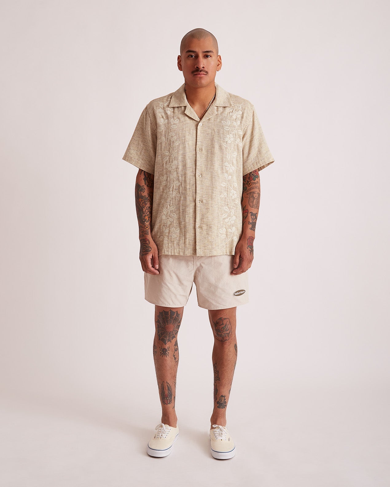 Mens | Canty Embroidered Linen Gauze SS Shirt | Antique White