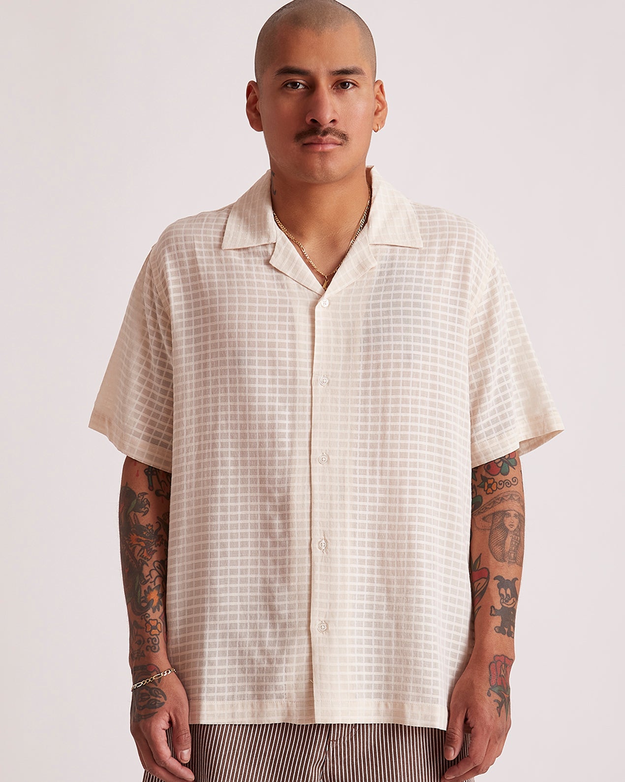 Mens | Canty Sheer Check SS Shirt | Antique White