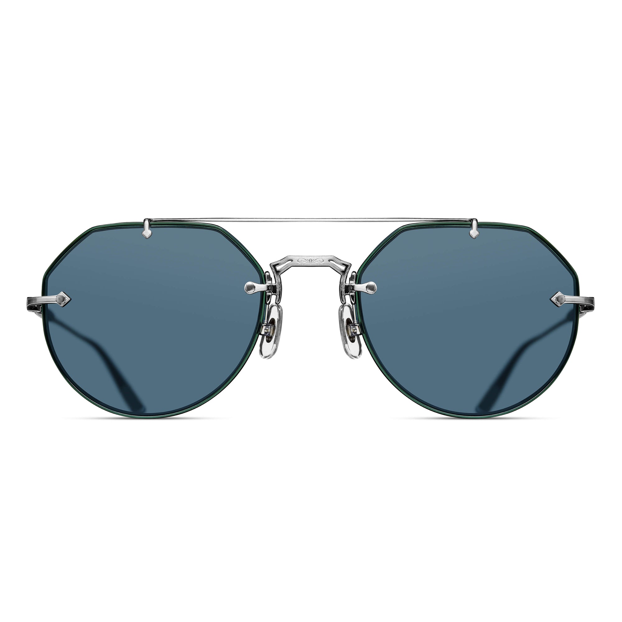 M3121 Geometric Sunglass | Bottle Green - Brushed Silver | Blue Grey Lenses