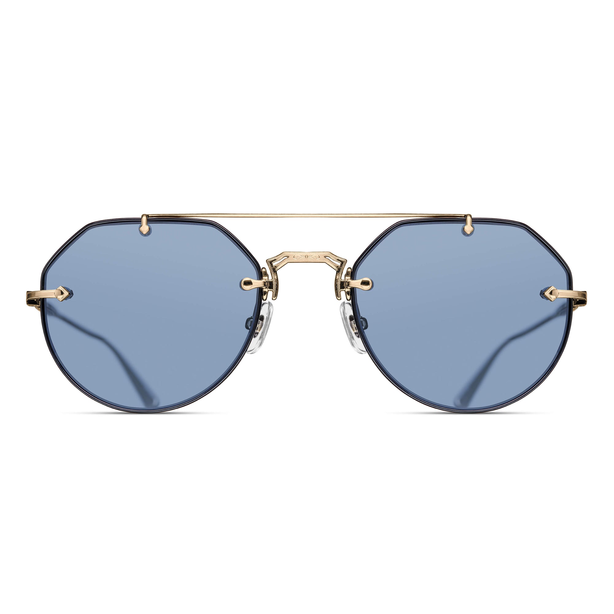 M3121 Geometric Sunglass | Black - Brushed Gold | Cobalt Blue Lenses