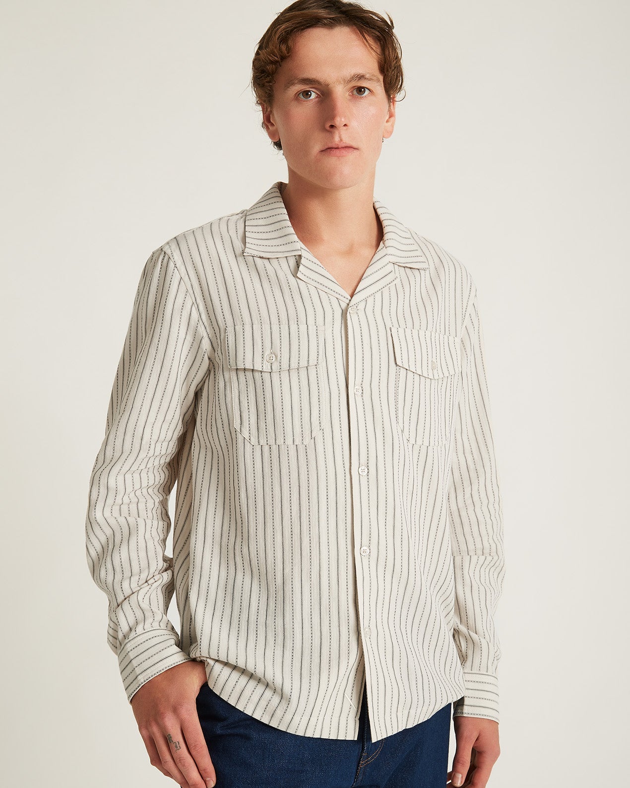 Mens | Marco Brushed Shirring Long Sleeve Shirt | Ivory