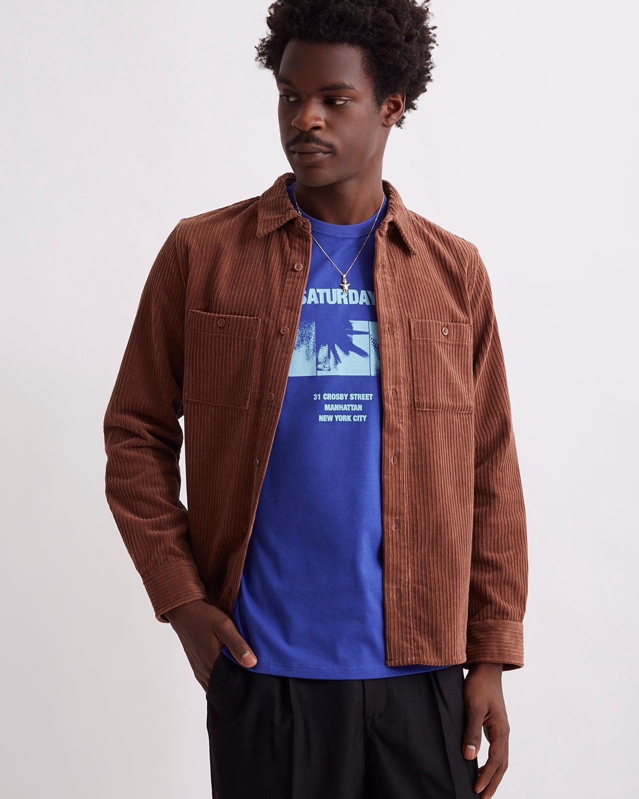 Downtown Brown | Nolan Wide Wale Cord Long Sleeve Shirt | Saturdays NYC