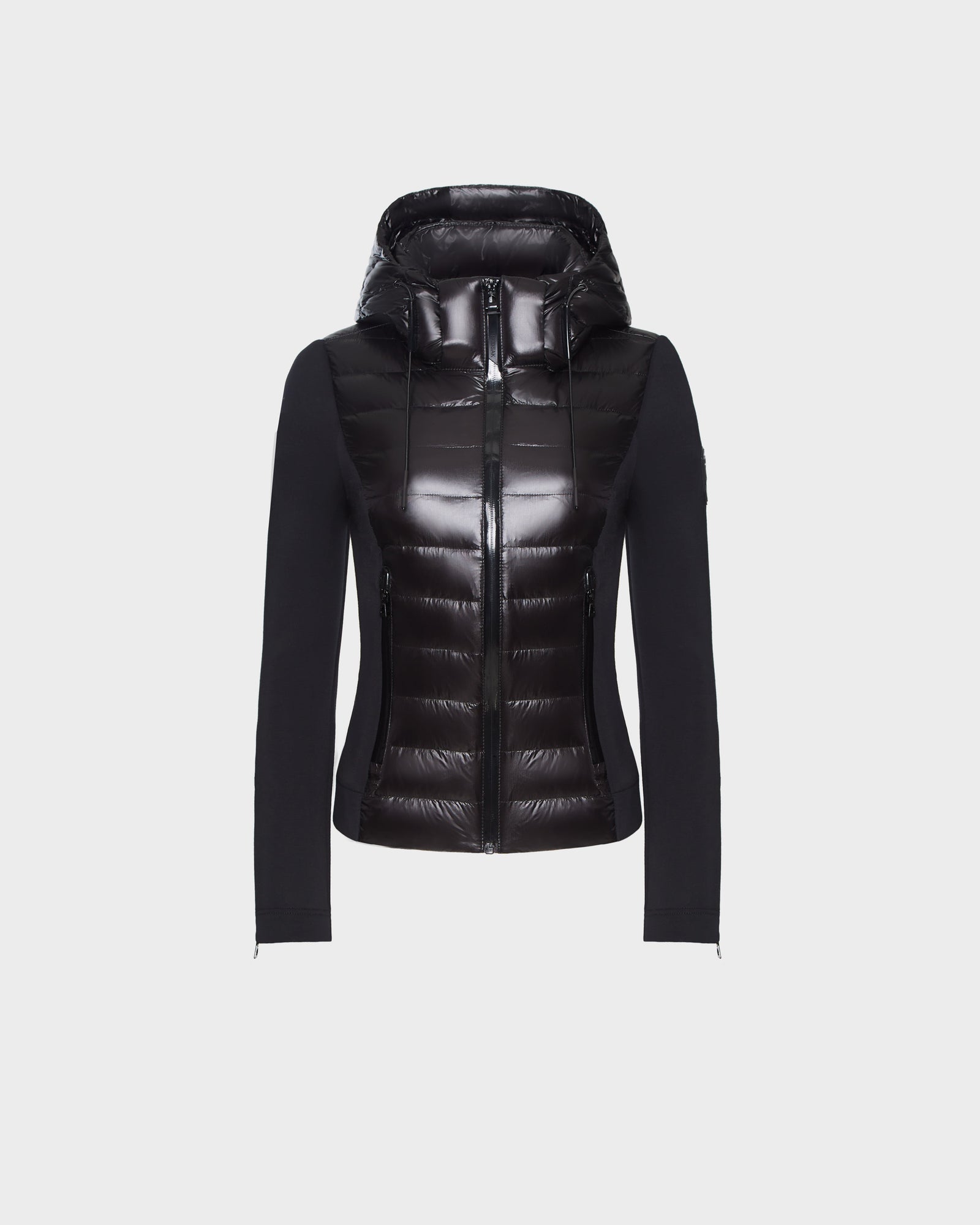 The RUDSAK MABS - 8122020 BLACK women’s puffer jacket features a black hood, shiny front, matte sleeves and sides, is crafted from RDS-certified down, and is shown against a plain white background.