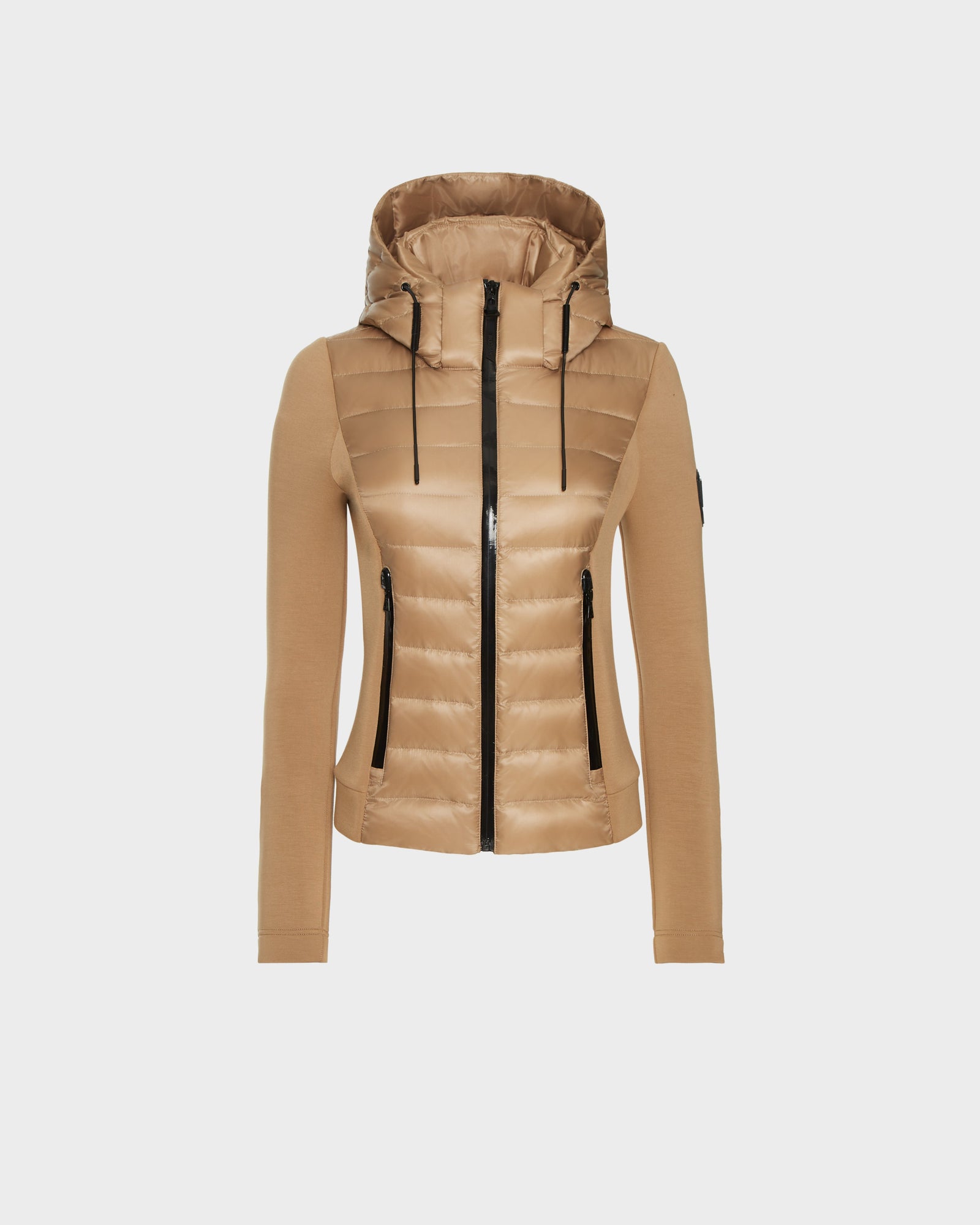 The RUDSAK MABS - 8122020 TOFFEE is a tan, fitted hooded jacket with quilted panels, long sleeves, waterproof zippers, and two vertical zippered front pockets—ideal as lightweight activewear for any outing.