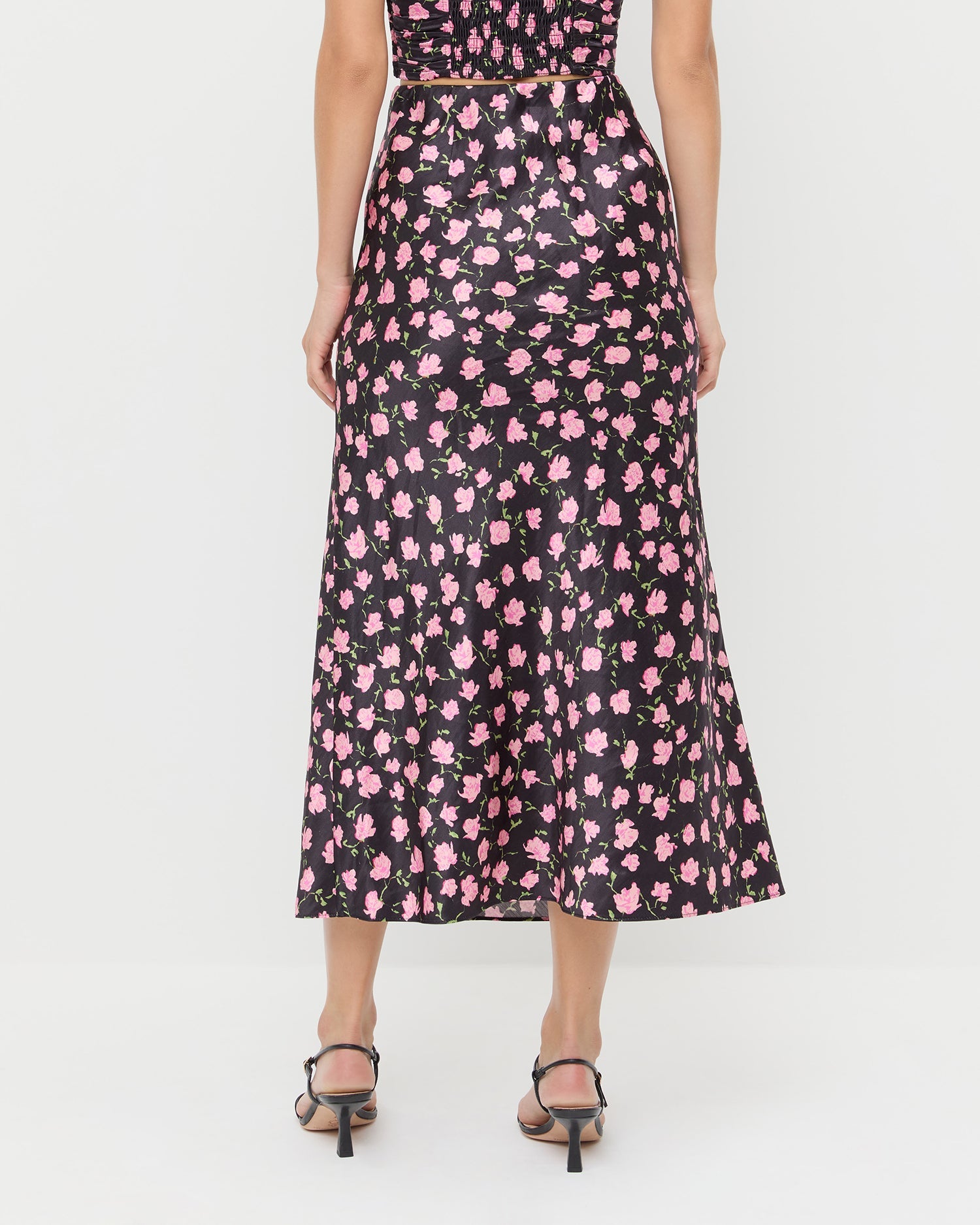 Mandy Midi Skirt in black rosette textured fabric, Cresta Top in black rosette textured fabric, and Triana Black/Crystal Mid-Heel Sandal.