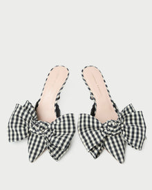 Margot Black/White Gingham Bow Mule in brown and white gingham cotton silk.