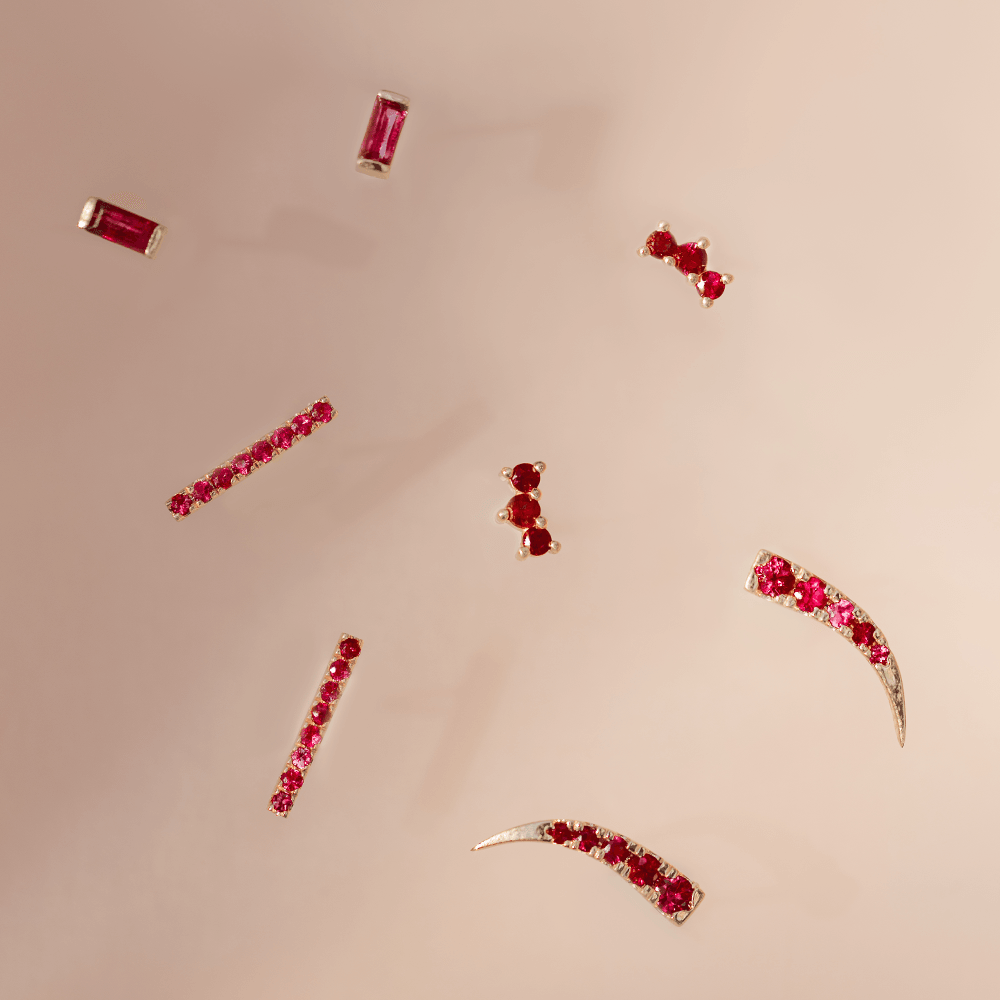 Women | Ruby Pavé Bar Studs | 14k Yellow Gold