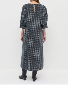 Maxwell Dress in blue ditsy floral cotton and Cleo Black Leather Mid Calf Boot.