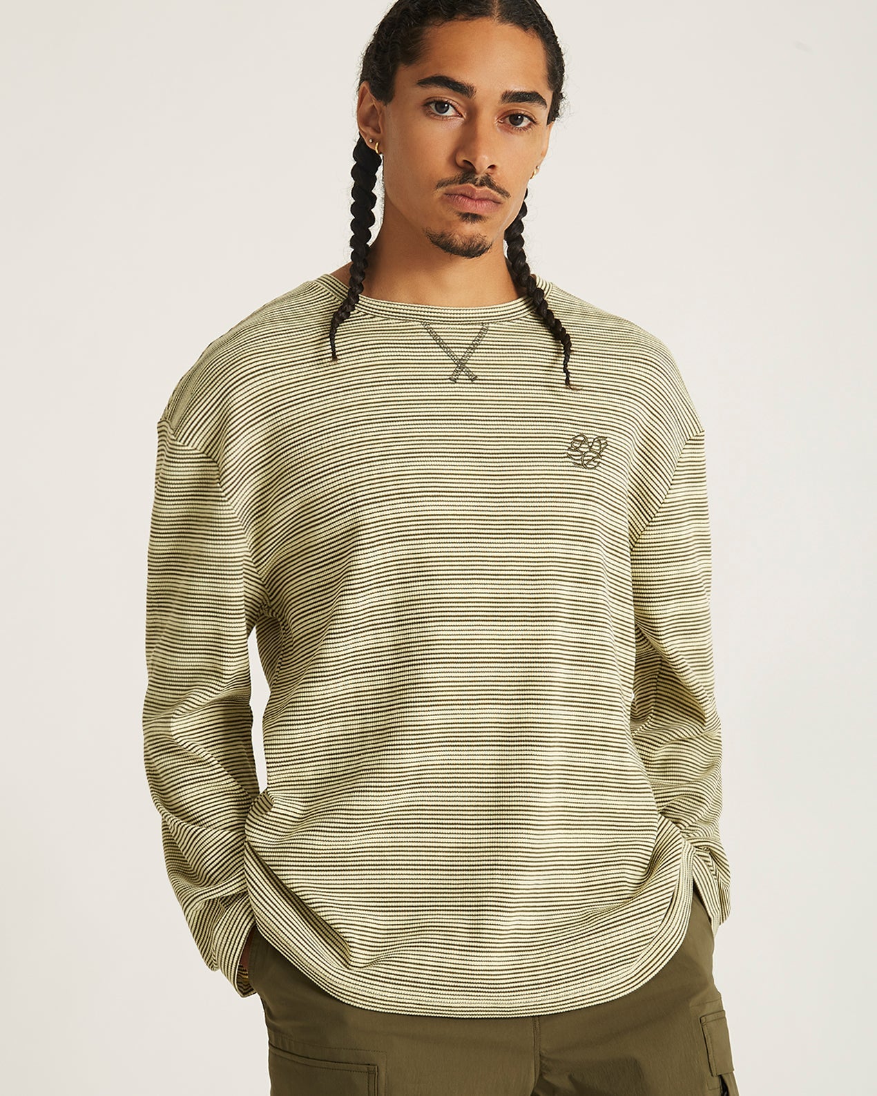Mens | Striped Waffle Relaxed LS Tee | French Vanilla