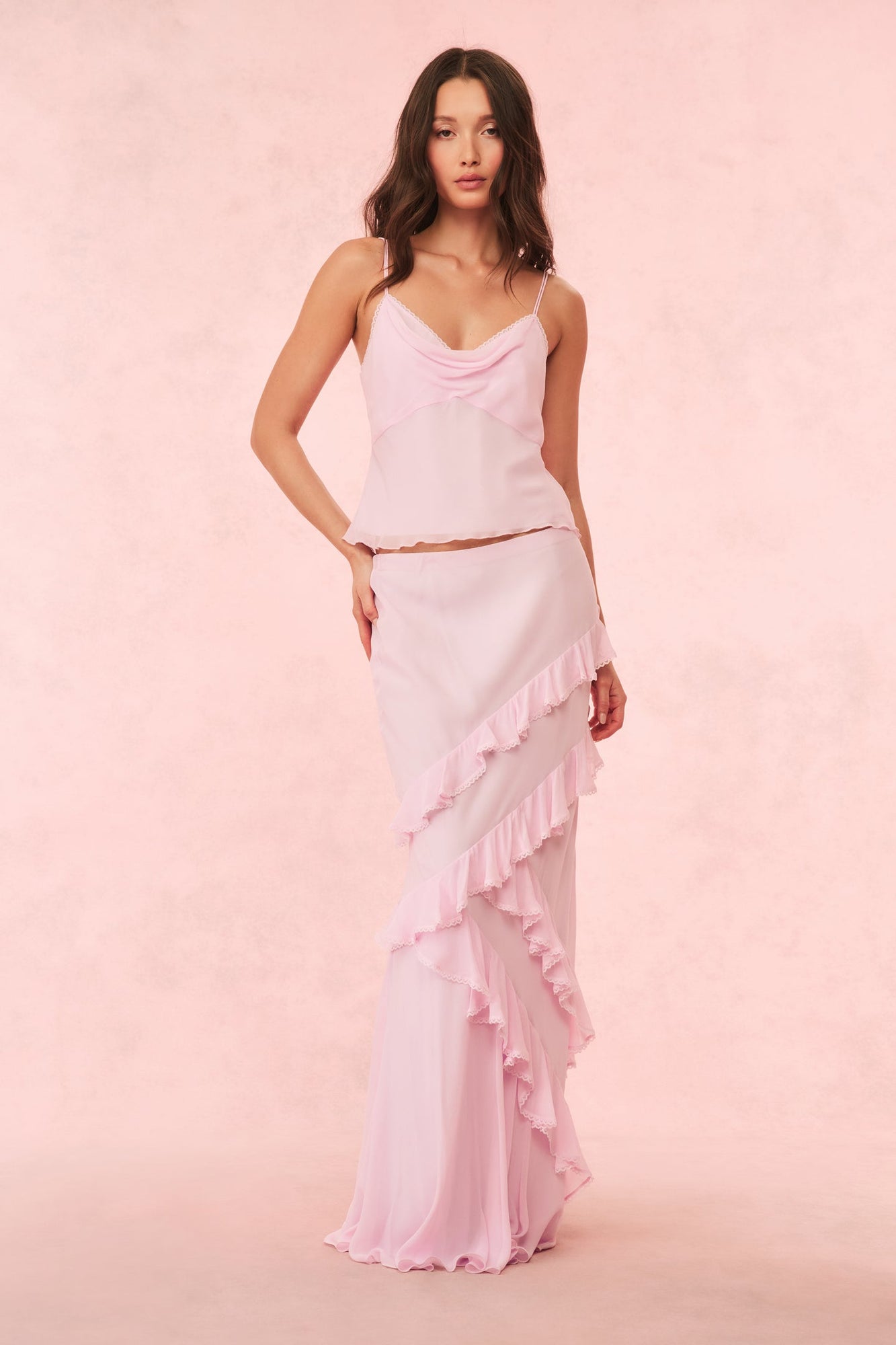 Mitnessa Chiffon Ruffle Maxi Skirt | Soft Lilac