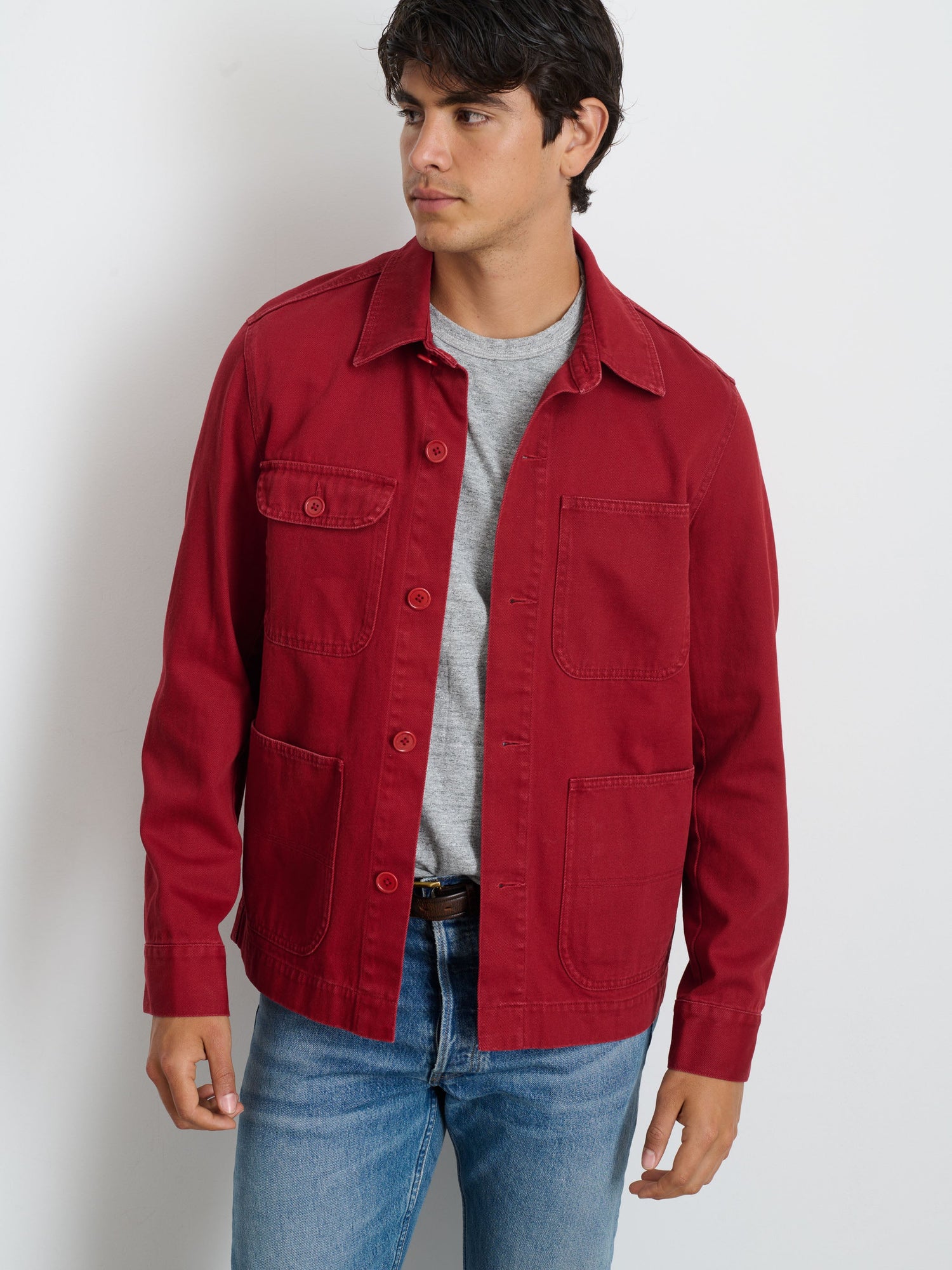 Unisex | Garment Dyed Work Jacket | Recycled Denim Dark Crimson