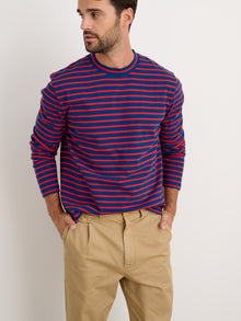 Men | Long Sleeve Striped Tee | French Blue x Berry Red
