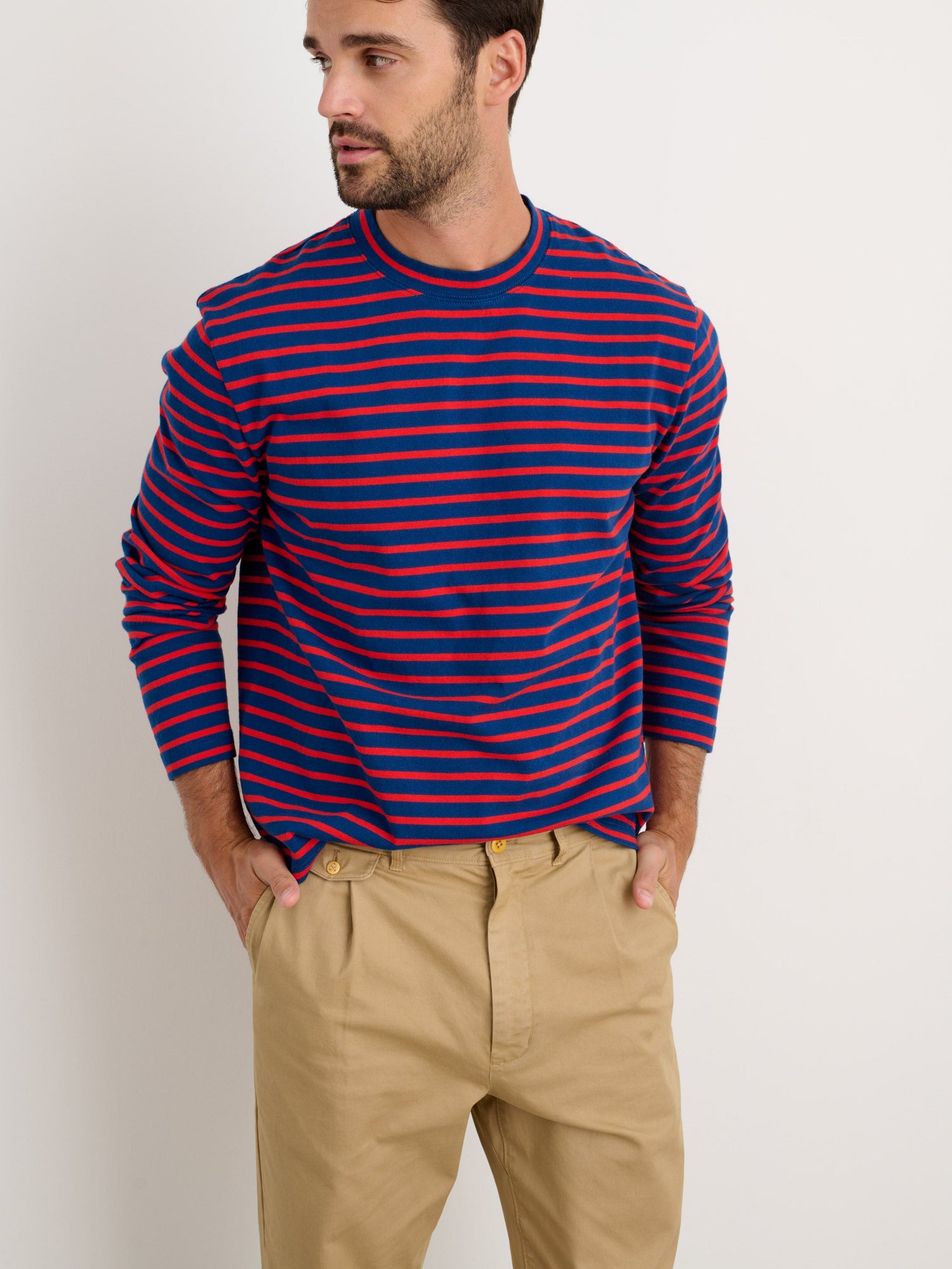 Men | Long Sleeve Striped Tee | French Blue x Berry Red