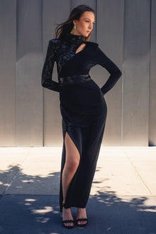 ONE33 SOCIAL | The Bridgette Sleek High Neck Sequin Black Gown | Black