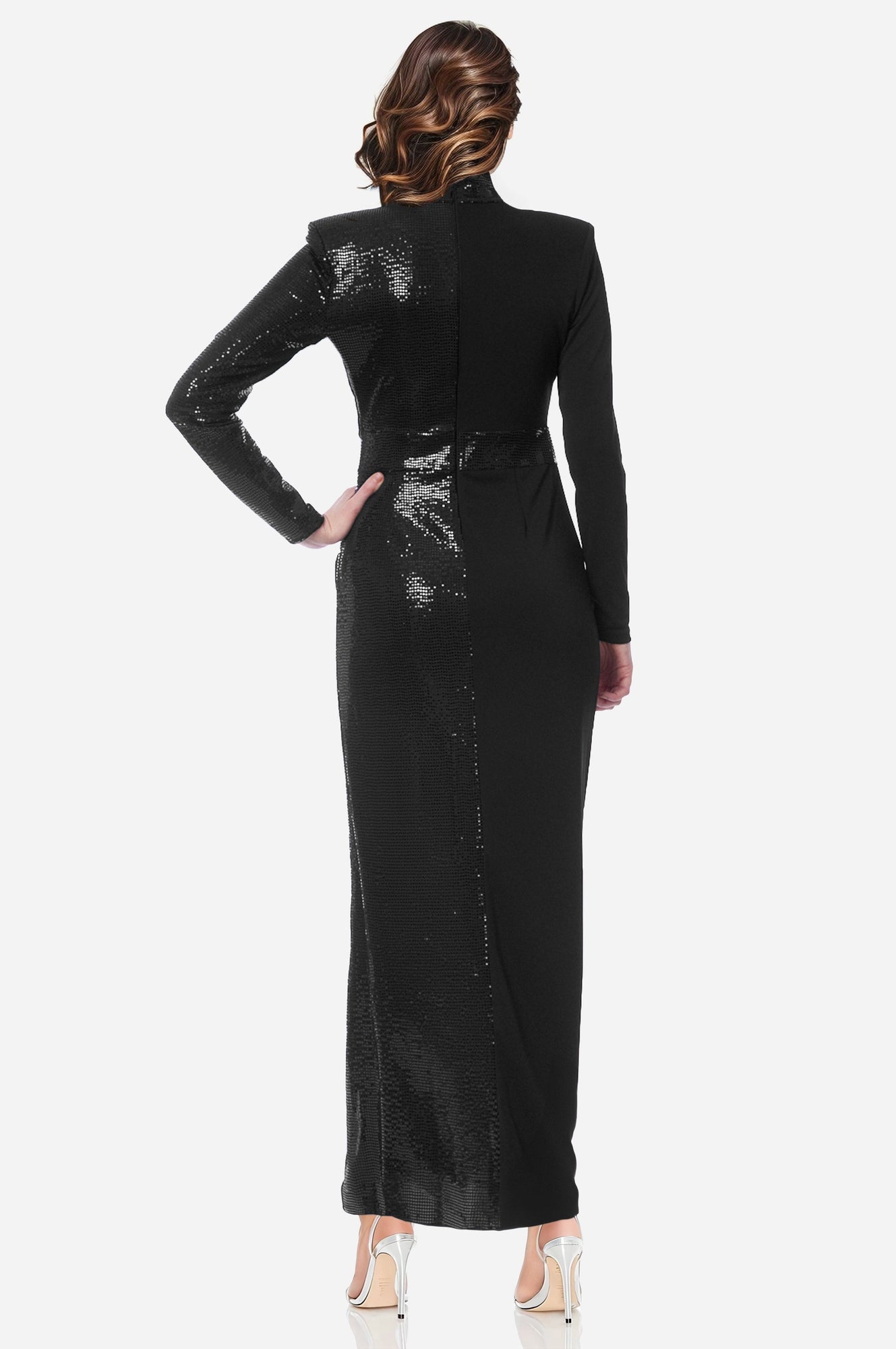 ONE33 SOCIAL | The Bridgette Sleek High Neck Sequin Black Gown | Black
