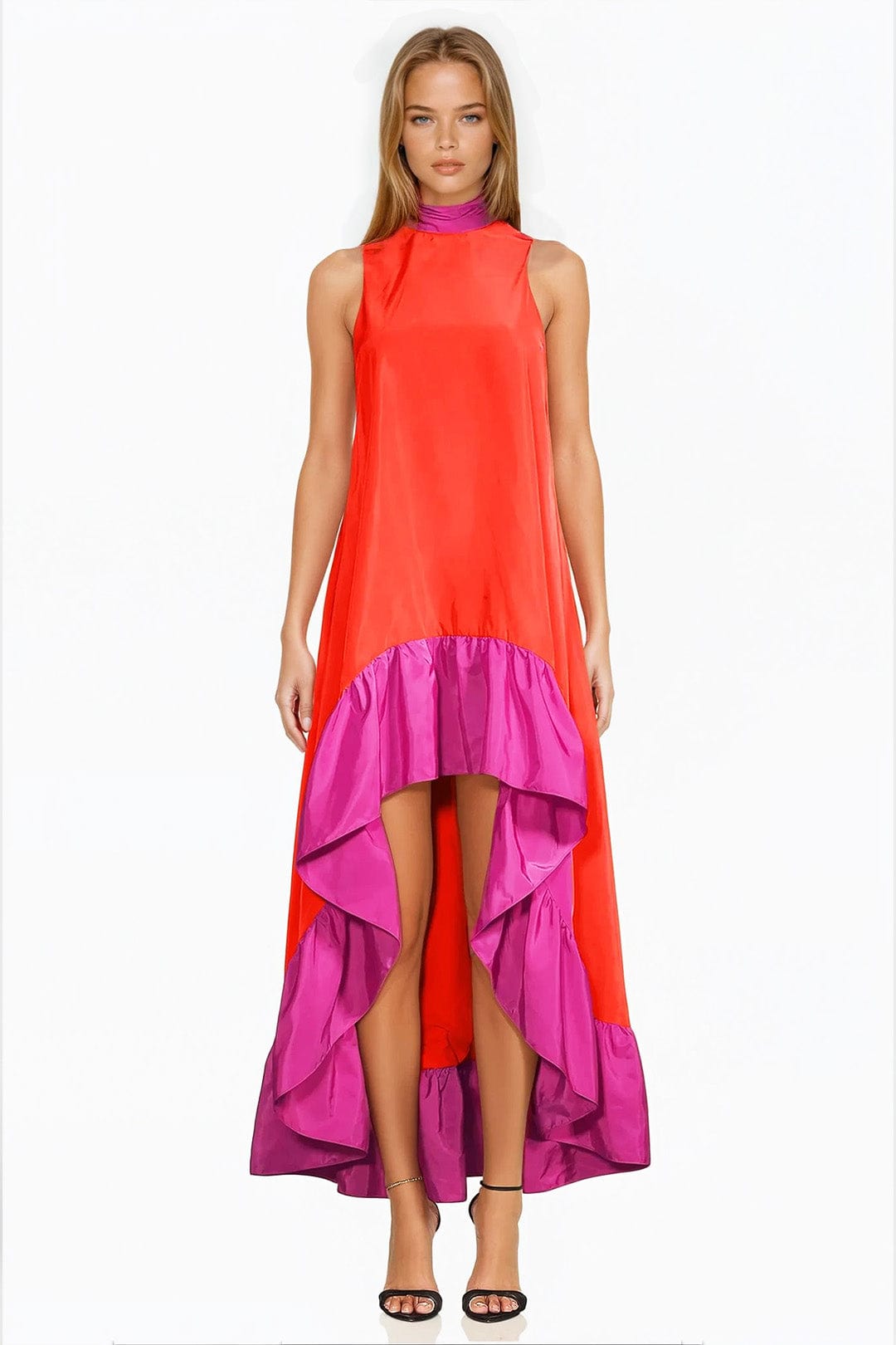 ONE33 SOCIAL | The Yolanda Fuchsia Orange High-Low Maxi Dress | Pink / Orange