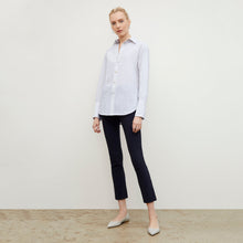 Front image of a woman wearing the Mila Button Down - Poplin Stripe in Blue / Ivory