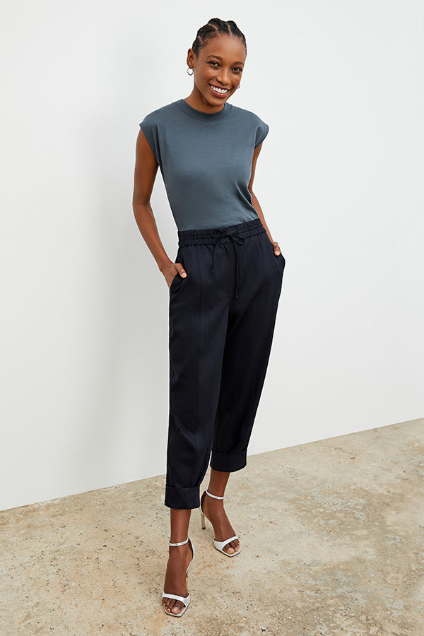 Front image of a woman wearing the Shane Pant - Everyday Twill in Night | Exclude