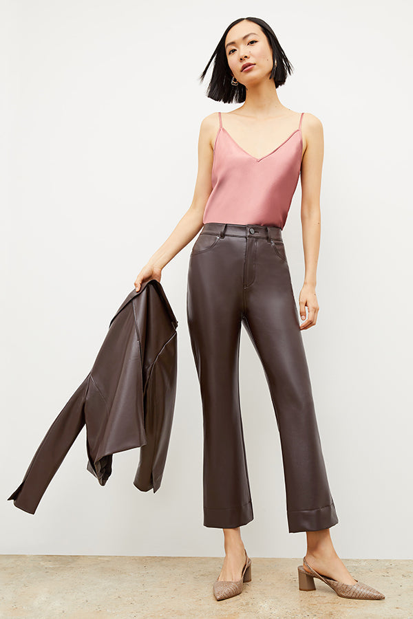 Front image of a woman wearing the archie pant in brown | Exclude