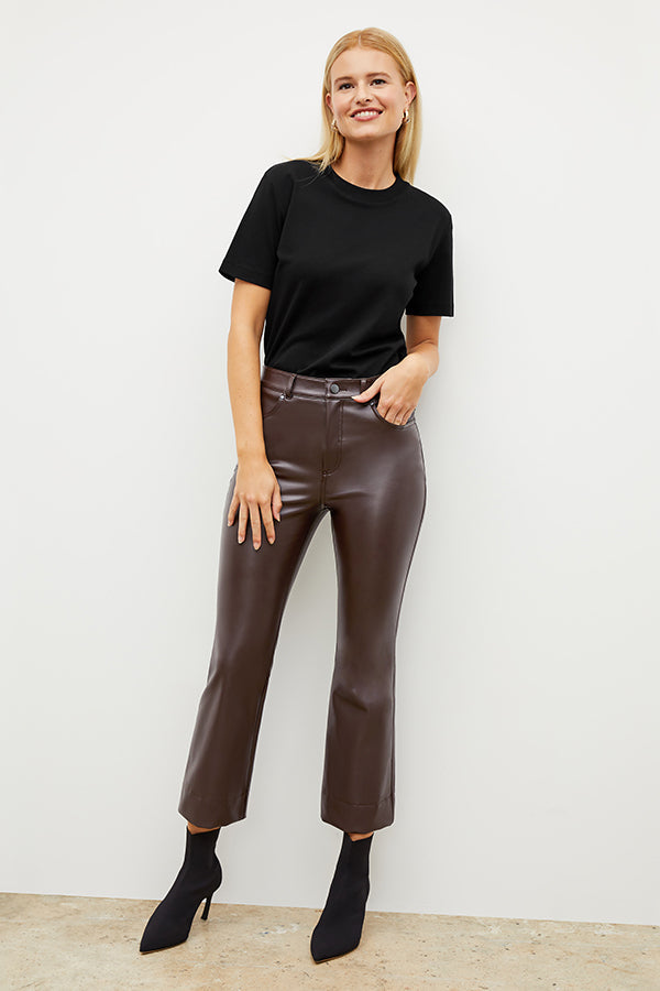 Front image of a woman wearing the archie pant in brown | Exclude