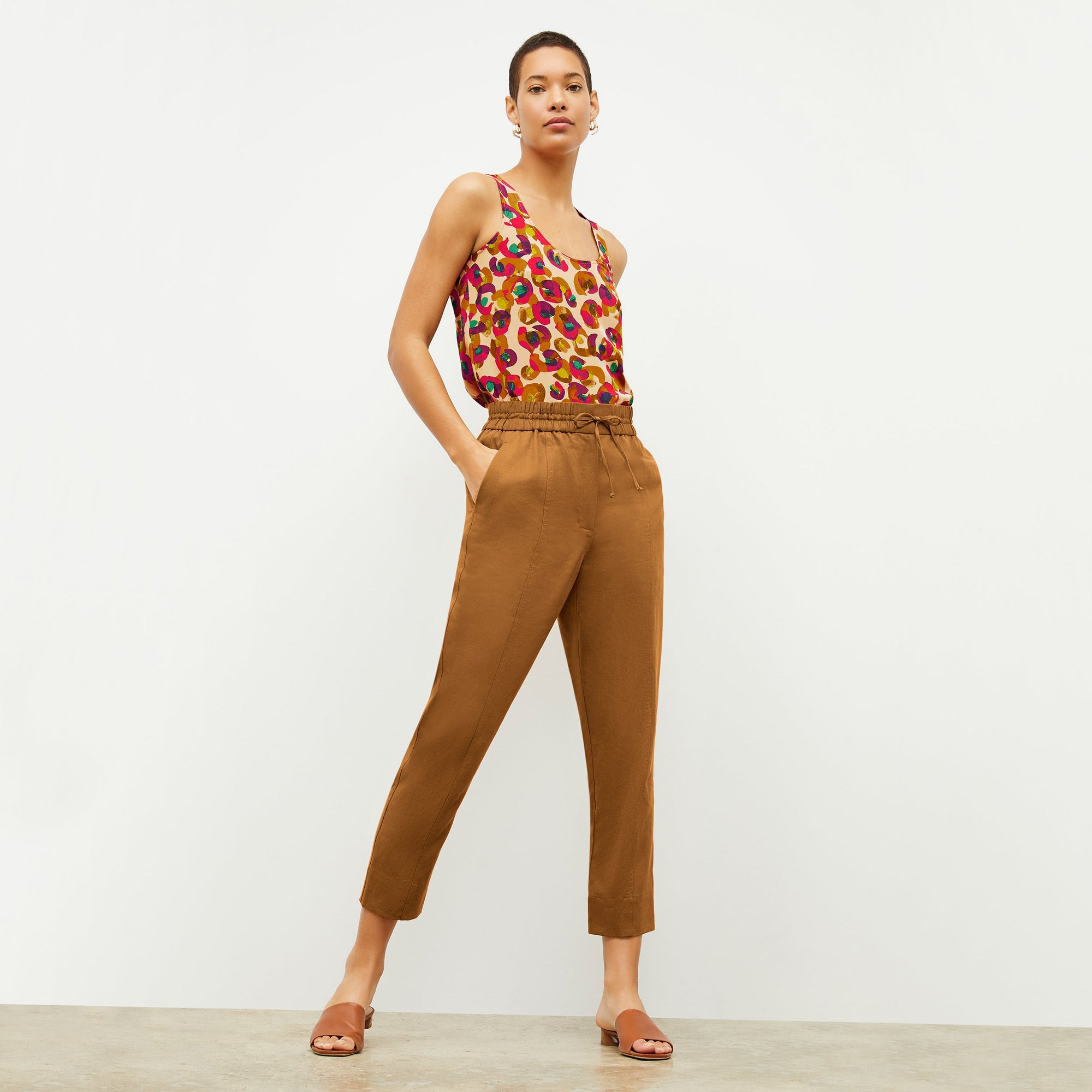 Front image of a woman wearing the Shane Pant in Acorn   | Exclude