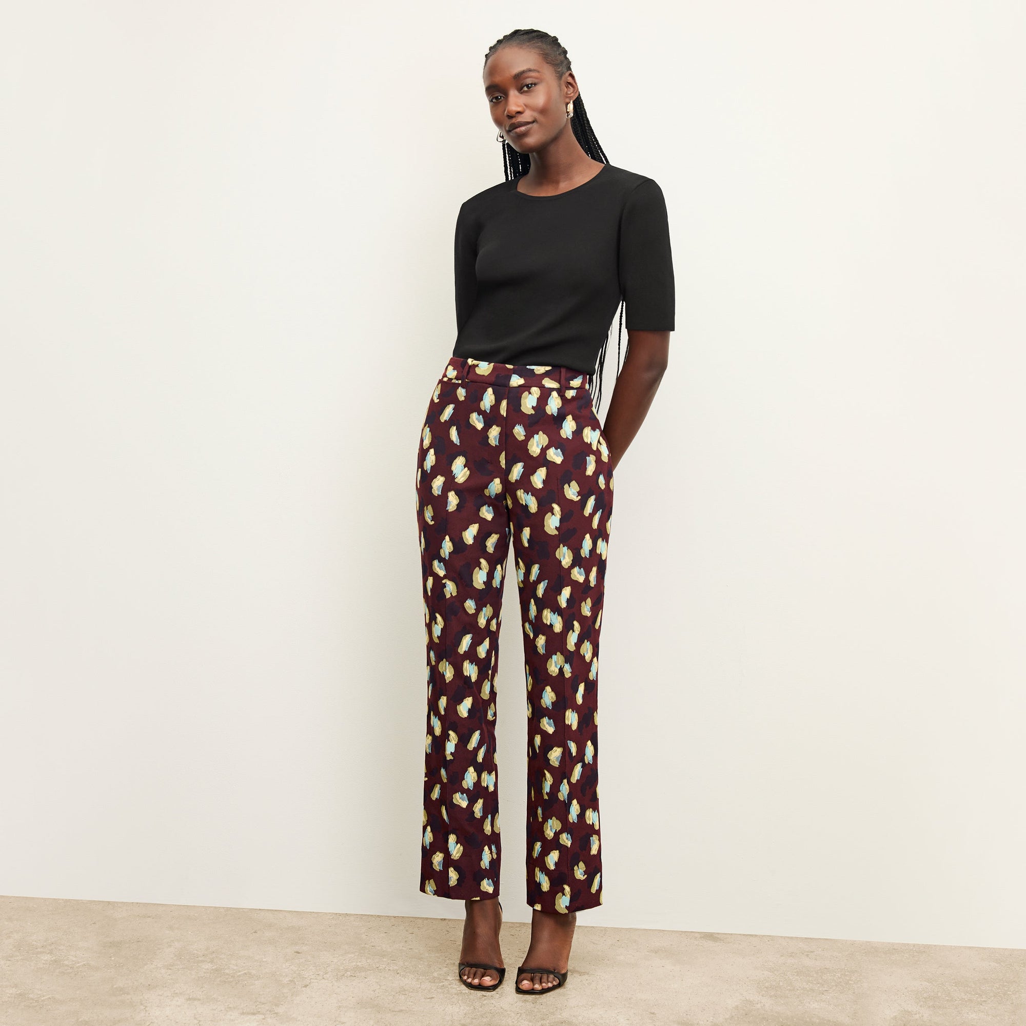 front image of a woman wearing the smith pant in bengal jacquard | Lead