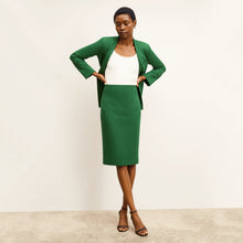 front image of a woman wearing the janette jacket in shamrock 