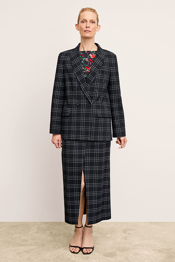 front image of a woman wearing the o'hara blazer in black/white | Exclude | Grid Hover