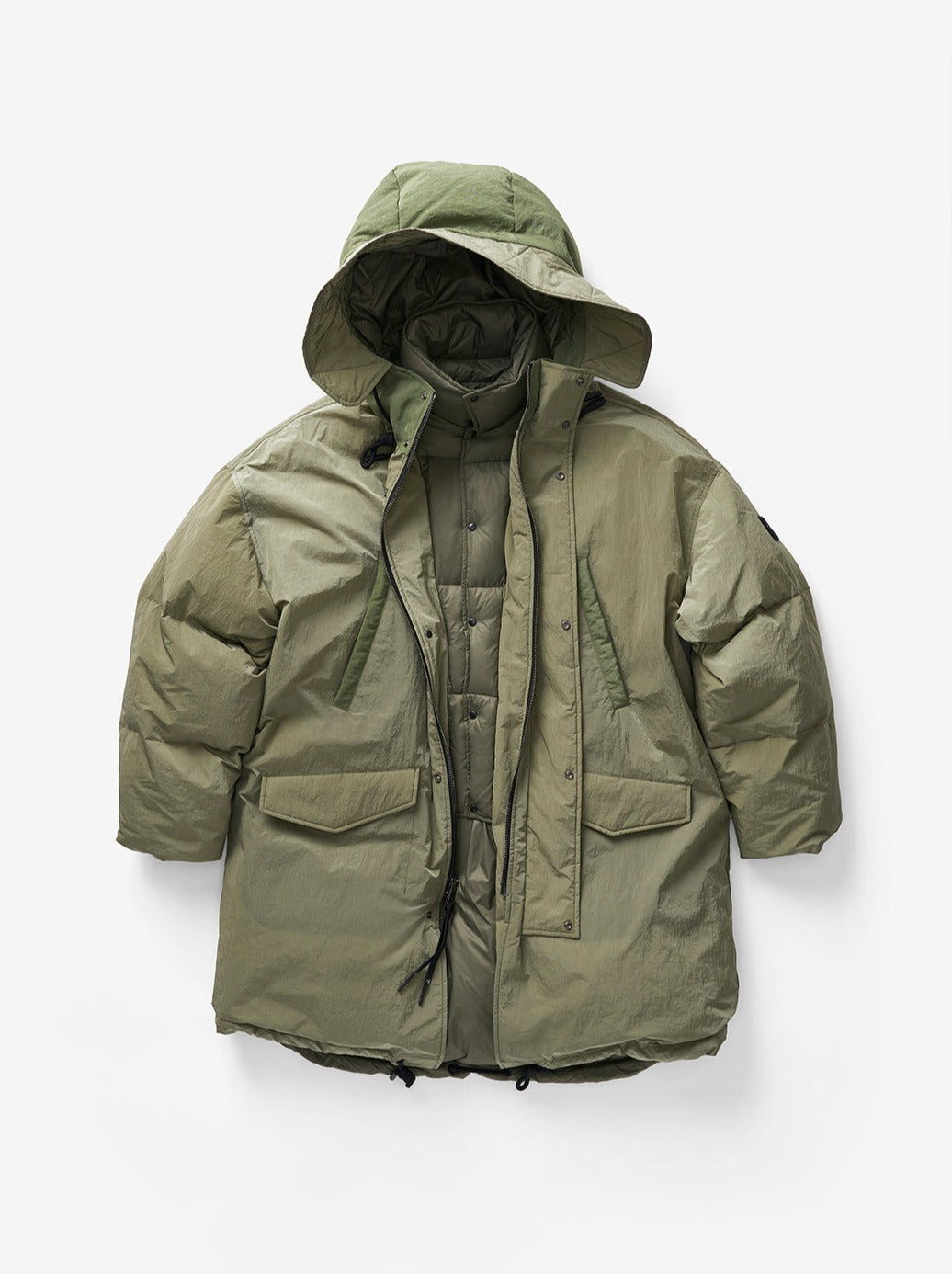 Man LONG DOWN PUFFER - Stone Green - flat lay - front