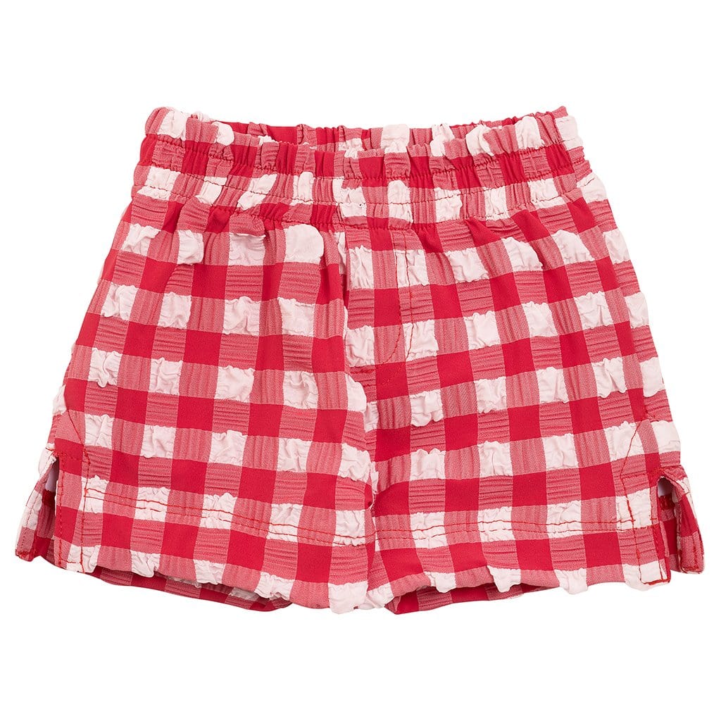 Red and white gingham check swim trunk with elastic waistband and side ruching detail.