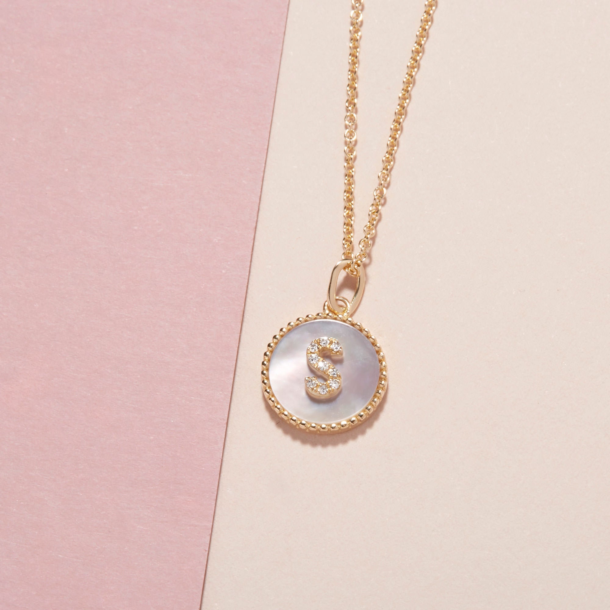 Moonlight Pavé Initial Necklace, U | 10K Solid Yellow Gold
